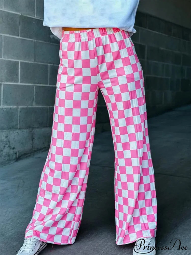 Checkered Pattern Wide Leg Stretchy Waist Informal Pant PINK / S pant-250223