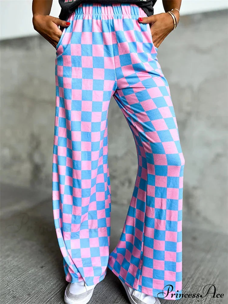 Checkered Pattern Wide Leg Stretchy Waist Informal Pant PRUPLE / S pant-250223