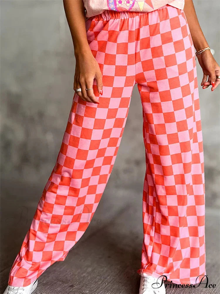 Checkered Pattern Wide Leg Stretchy Waist Informal Pant RED / S pant-250223