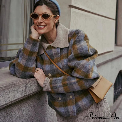 Checkered Pattern Woolen Short Coat coats-241228