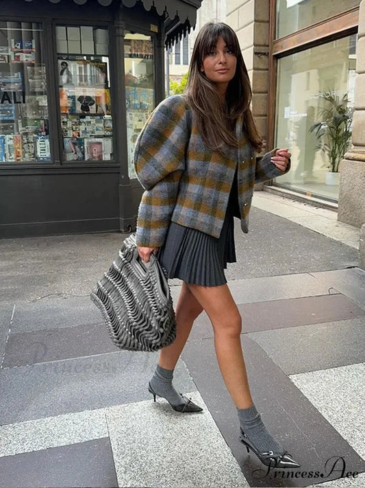 Checkered Pattern Woolen Short Coat coats-241228