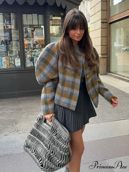 Checkered Pattern Woolen Short Coat Figure Color / S coats-241228
