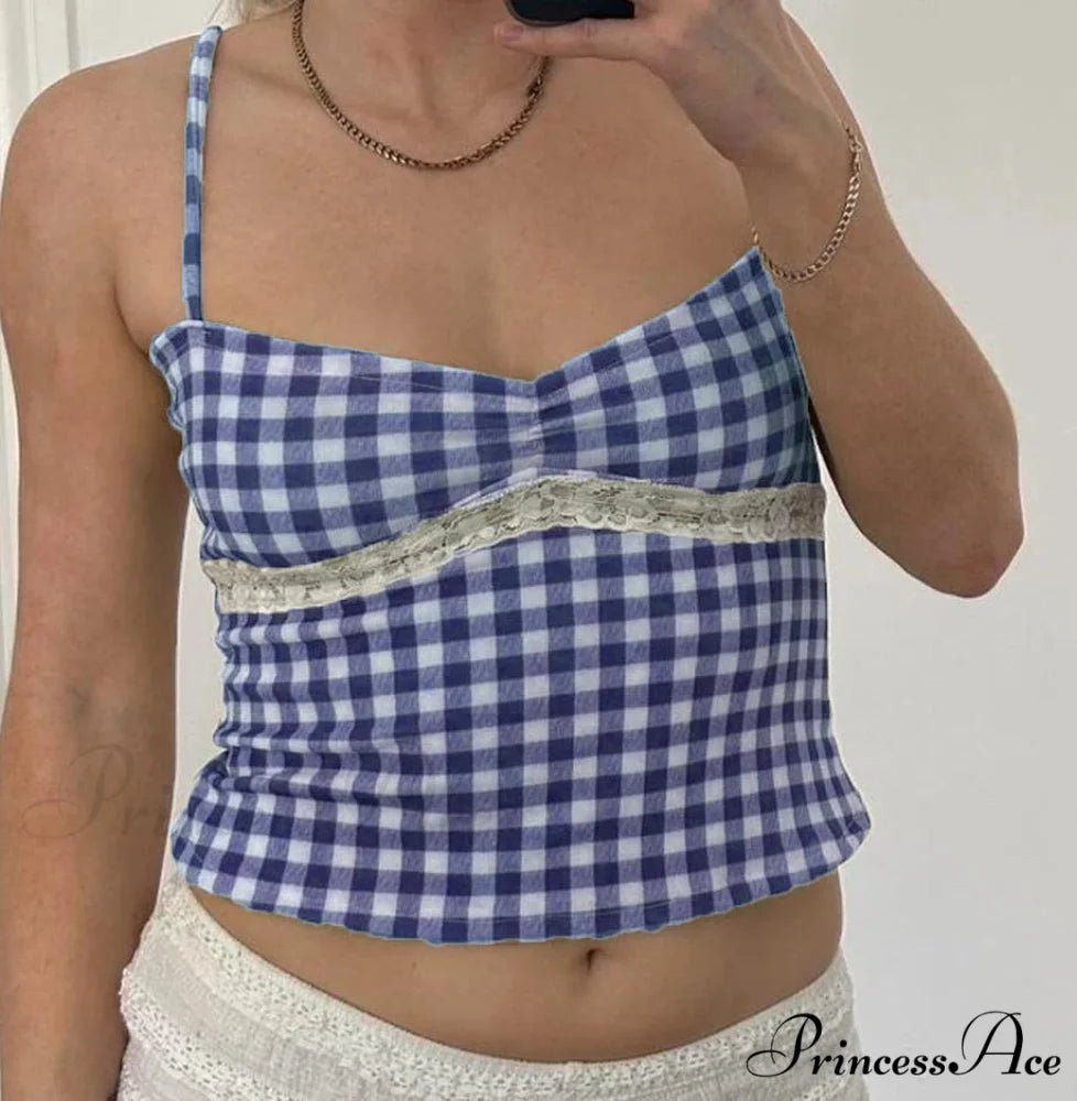 Checkered Plaid Lace Crop Top Blue / S croptop-250223