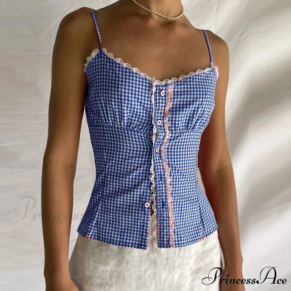 Checkered Plaid Lace Crop Top croptop-250223