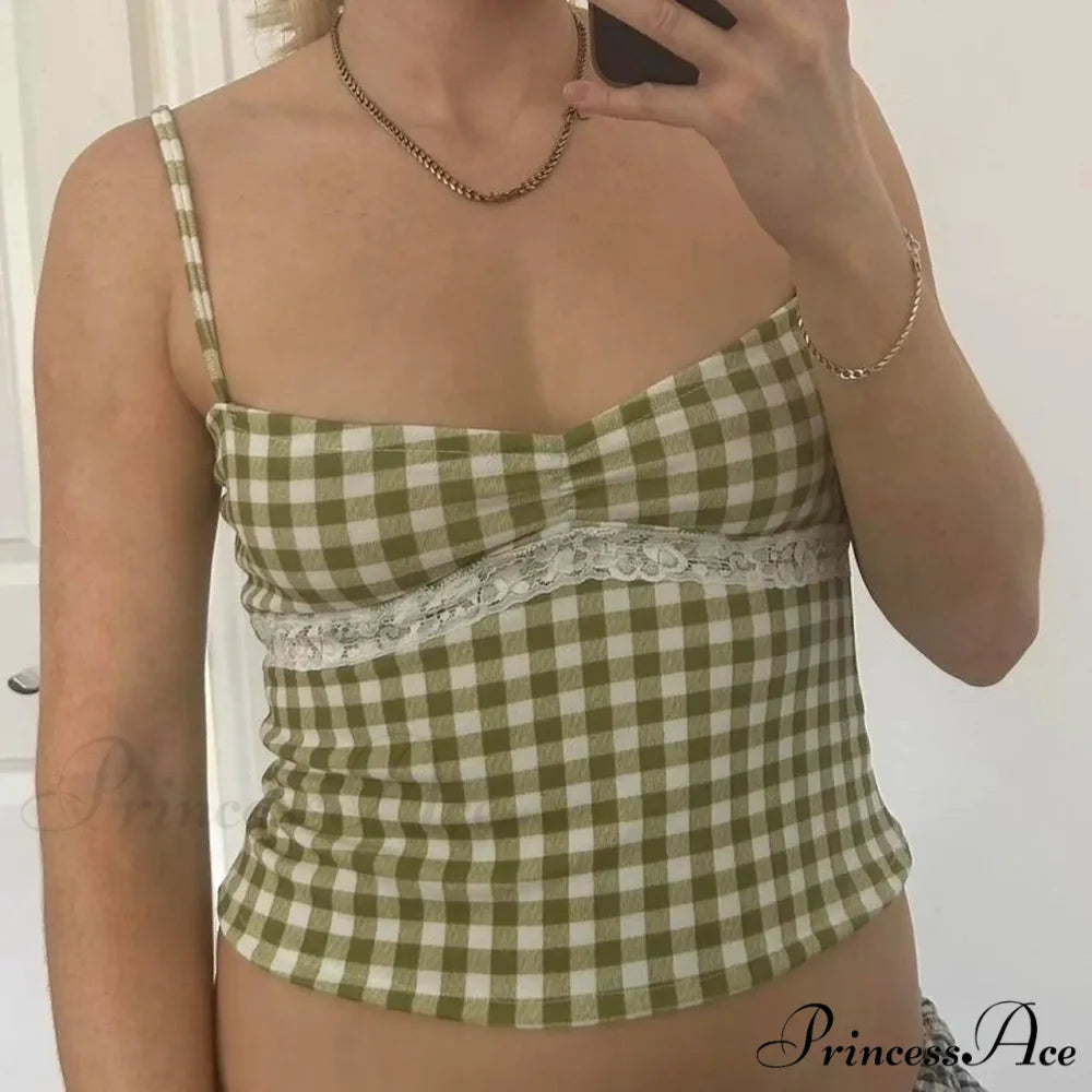 Checkered Plaid Lace Crop Top Green / S croptop-250223