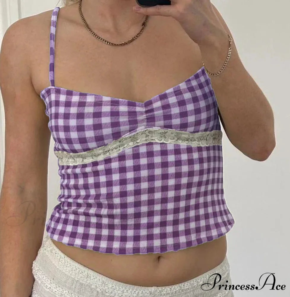 Checkered Plaid Lace Crop Top PURPLE / S croptop-250223