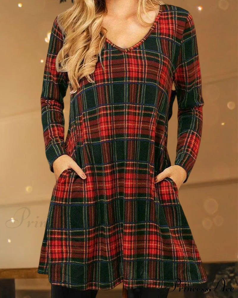 Checkered Print Loose Dress - Christmas Edition