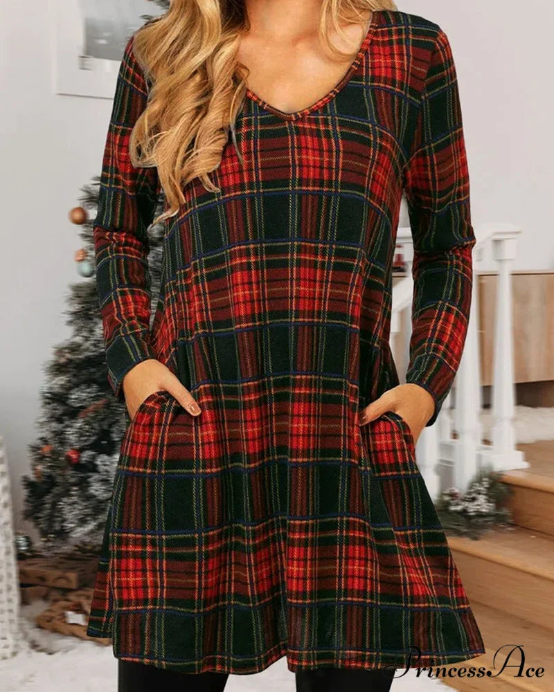 Checkered Print Loose Dress - Christmas Edition