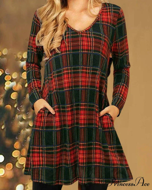 Checkered Print Loose Dress - Christmas Edition Red / S