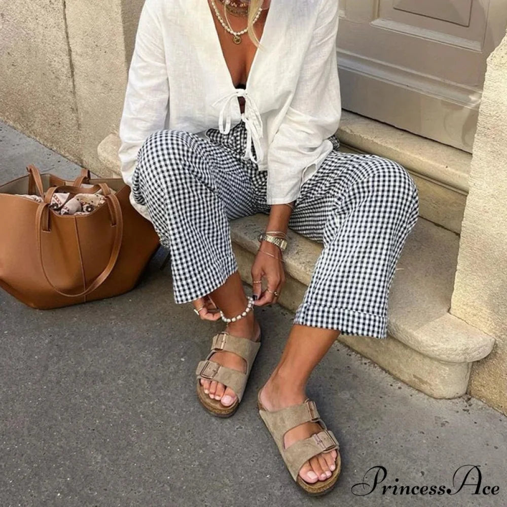 Checkered Print Stretchy Waist Tie Lounge Pant pant-250223