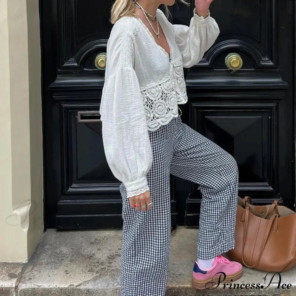 Checkered Print Stretchy Waist Tie Lounge Pant Black / S pant-250223