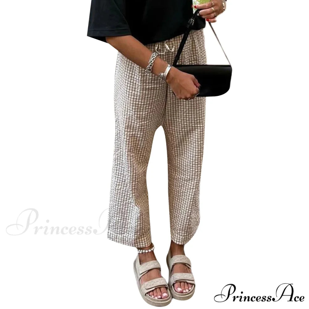 Checkered Print Stretchy Waist Tie Lounge Pant Khaki / S pant-250223