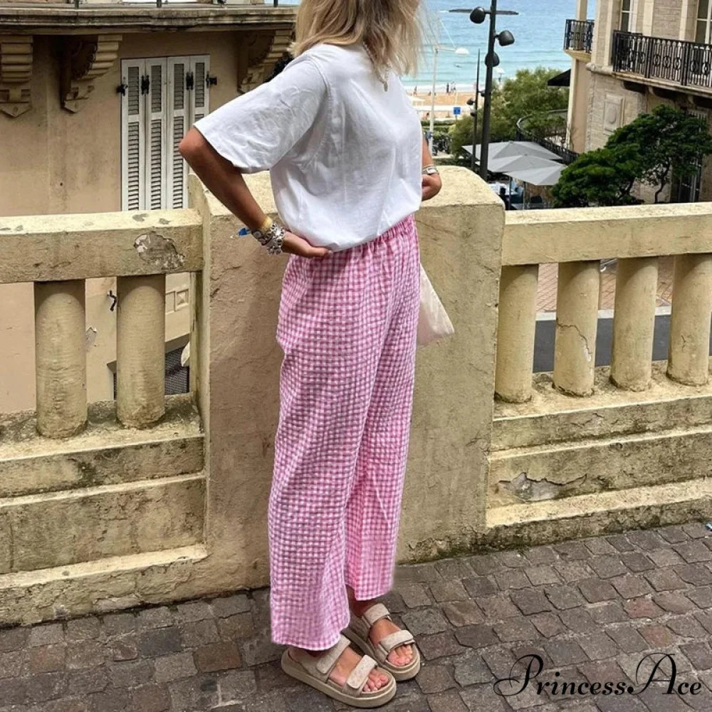 Checkered Print Stretchy Waist Tie Lounge Pant Pink / S pant-250223