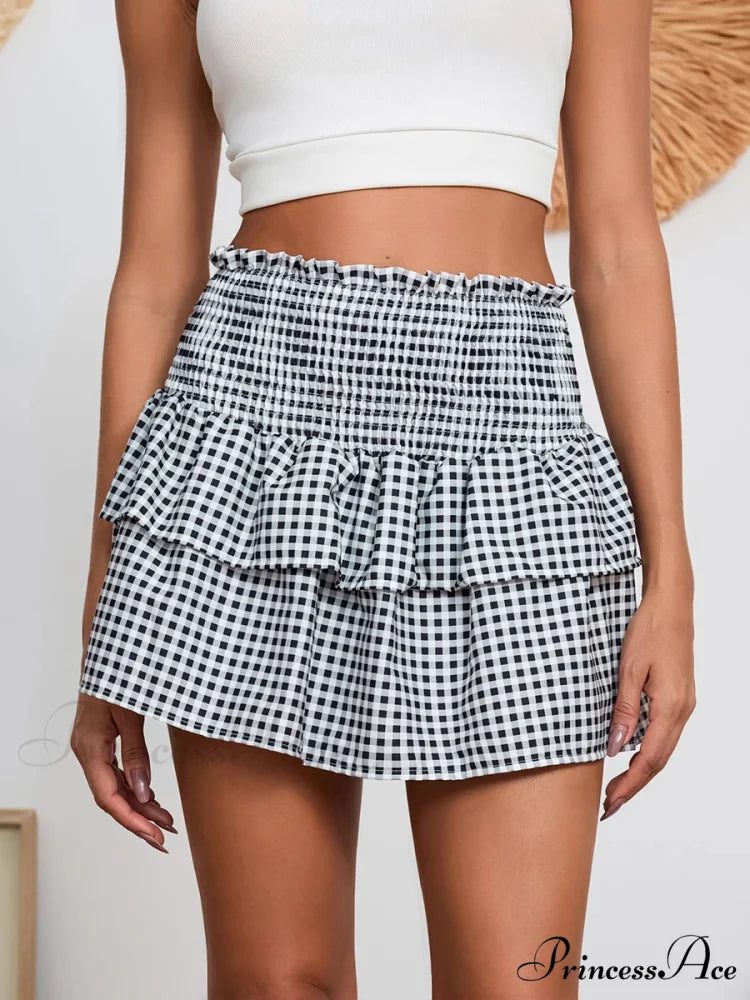Checkered Retro Lovely Waist Skirt skirts-250223