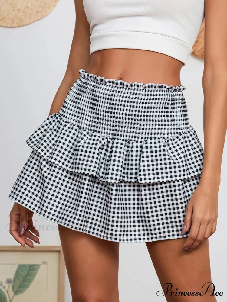 Checkered Retro Lovely Waist Skirt skirts-250223