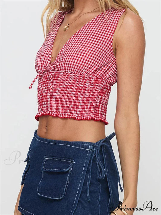 Checkered Ribbon Frill Hem Low-cut Crop Top croptop-250126