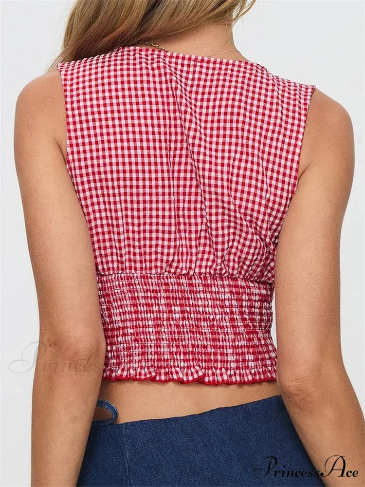 Checkered Ribbon Frill Hem Low-cut Crop Top croptop-250126
