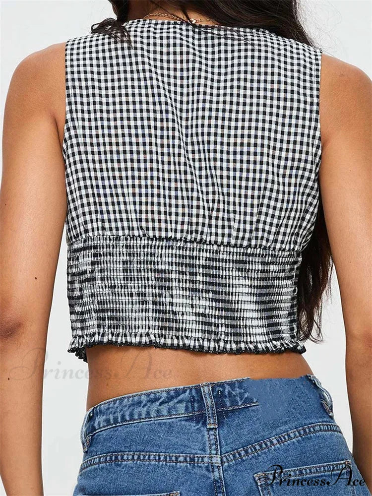 Checkered Ribbon Frill Hem Low-cut Crop Top croptop-250126