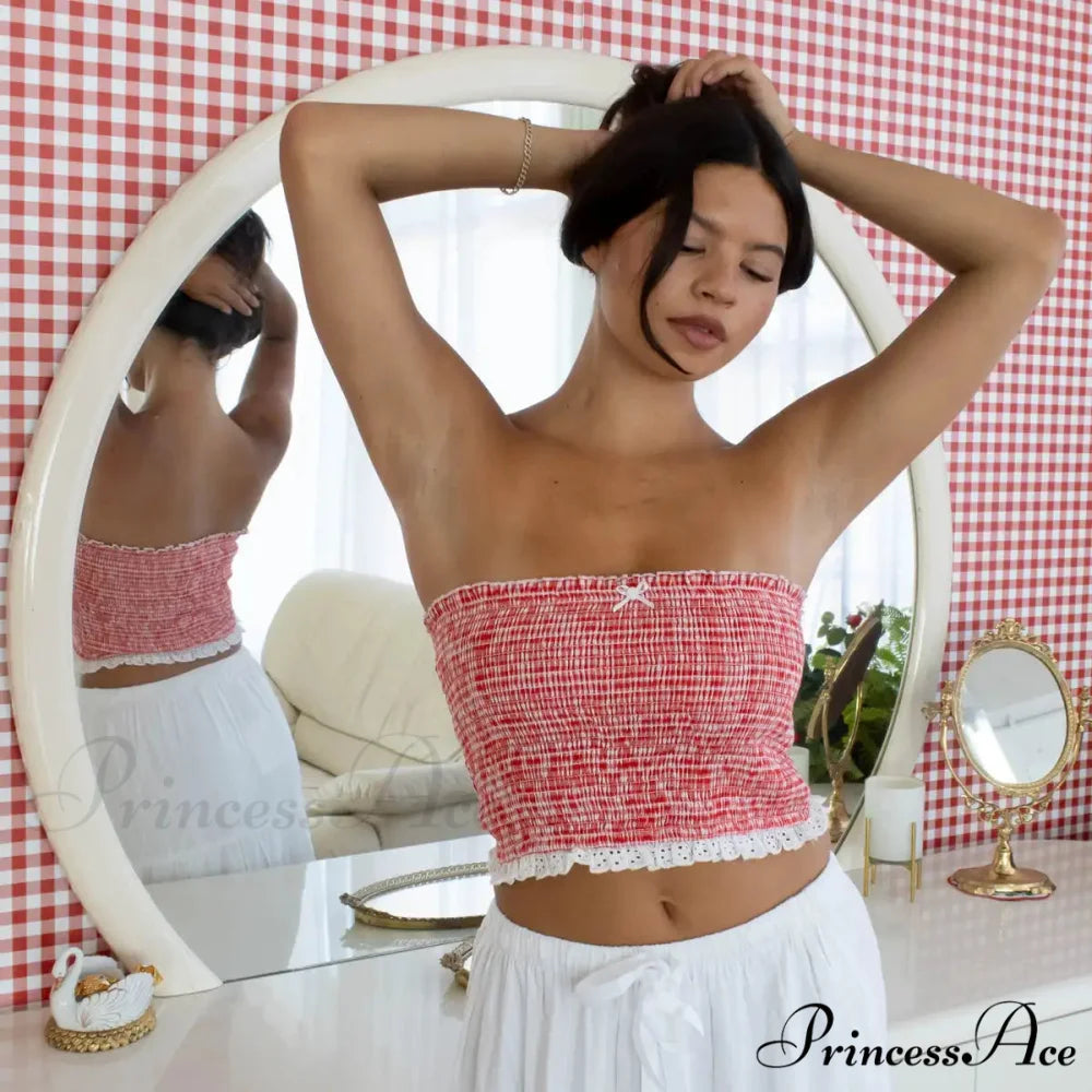 Checkered Ribbon Lace Crop Top Red / S croptop-250223