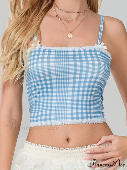 Checkered Ribbon Lace Trim Square Neck Crop Top BLUE / S croptop-250126