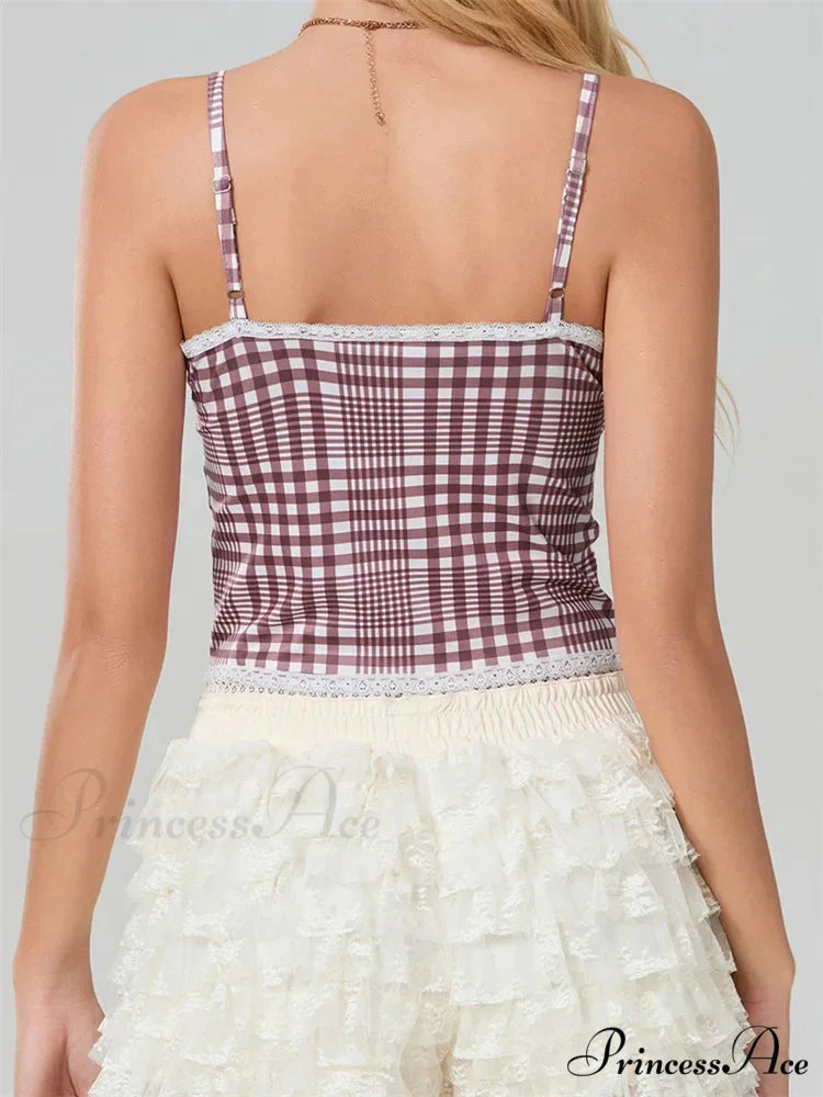 Checkered Ribbon Lace Trim Square Neck Crop Top croptop-250126