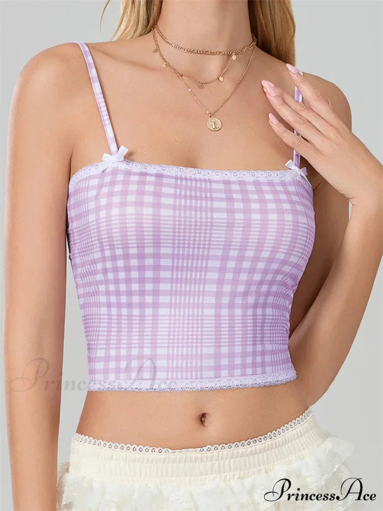 Checkered Ribbon Lace Trim Square Neck Crop Top croptop-250126