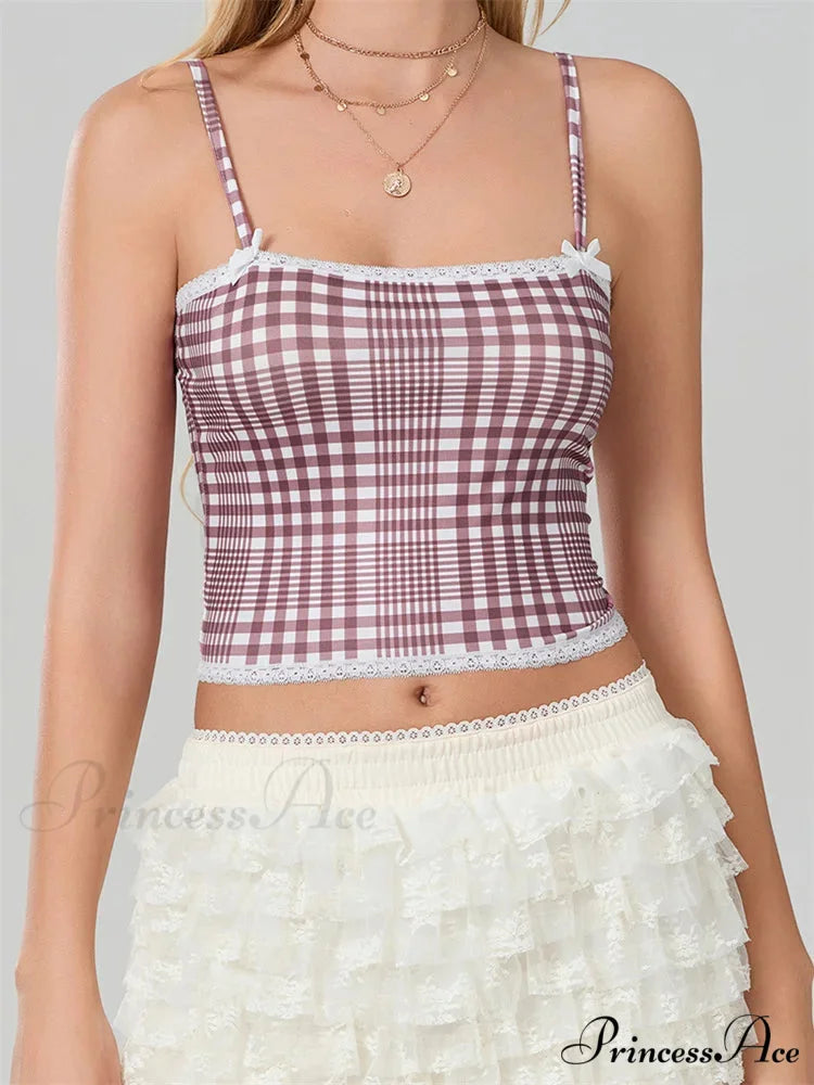 Checkered Ribbon Lace Trim Square Neck Crop Top RED / S croptop-250126