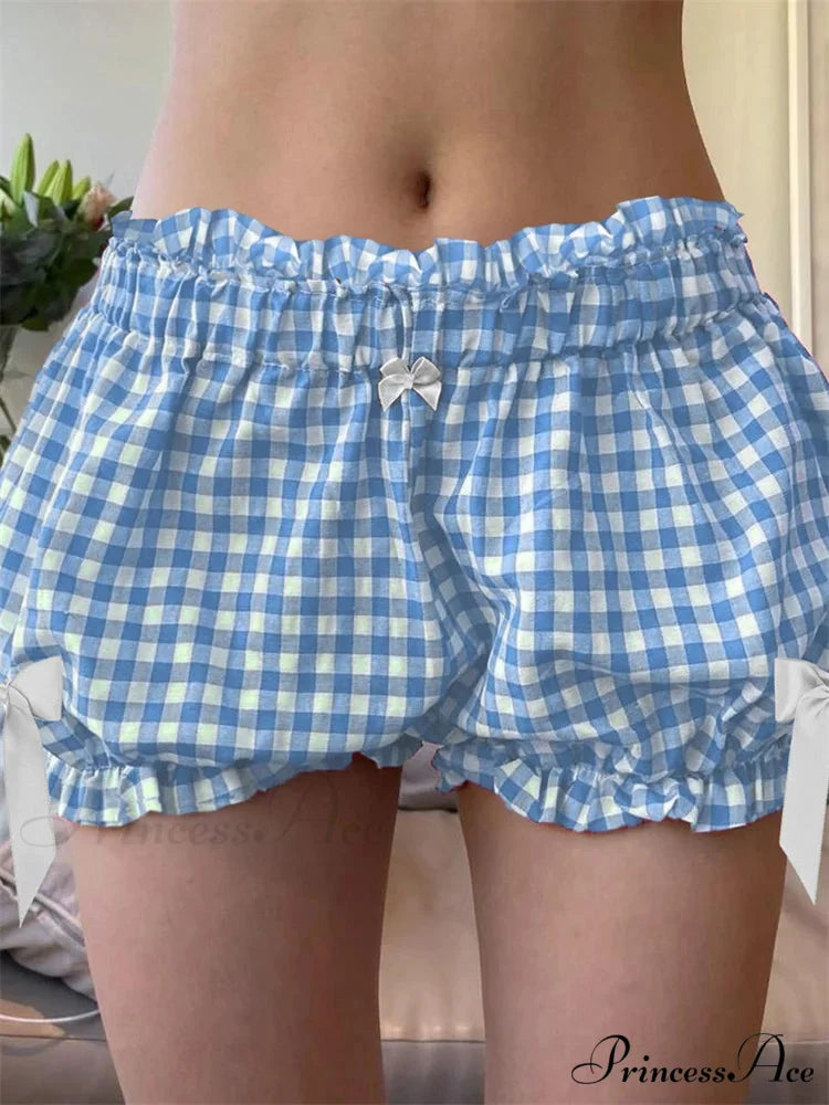 Checkered Ribbon Loose Bloomer Short blue / S short-250223