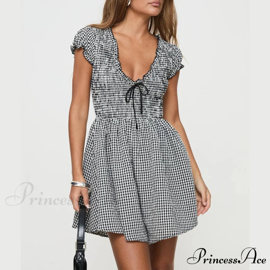 Checkered Shirred Babydoll Mini Dress Black / S minidress-250223