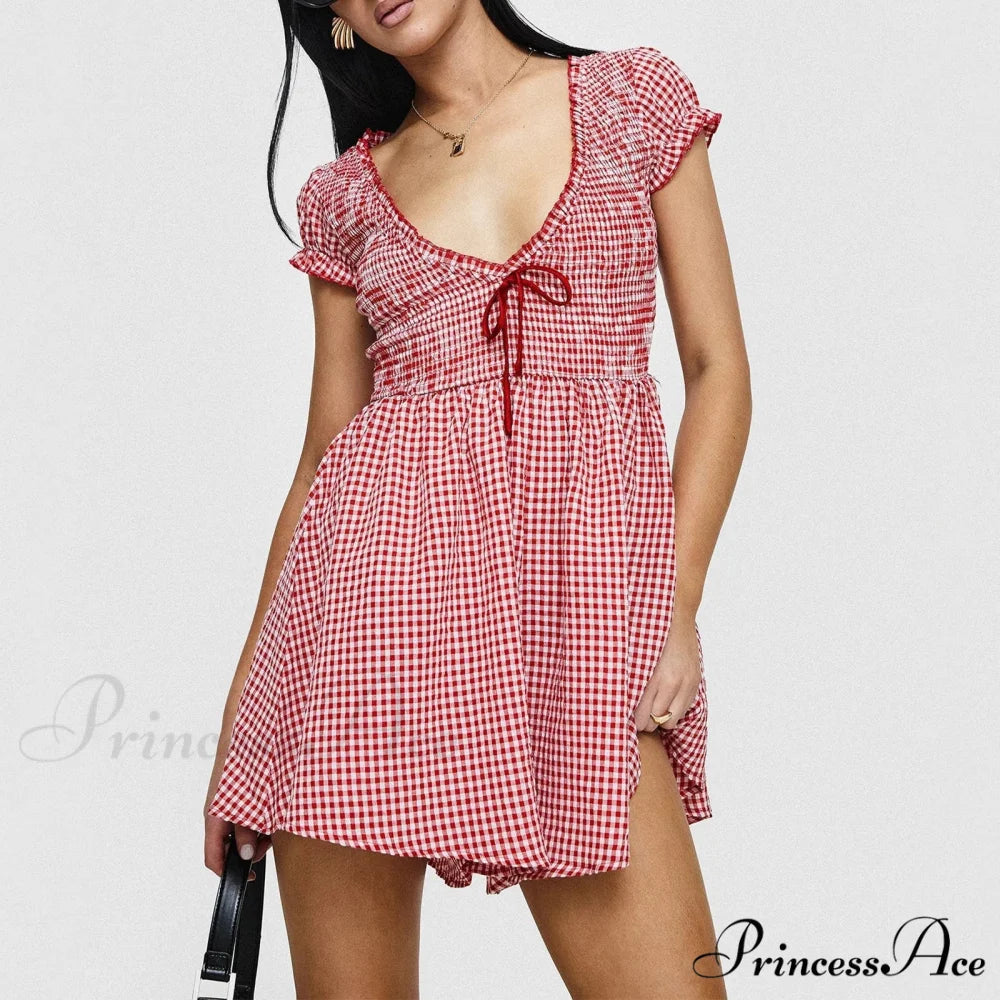 Checkered Shirred Babydoll Mini Dress Red / S minidress-250223