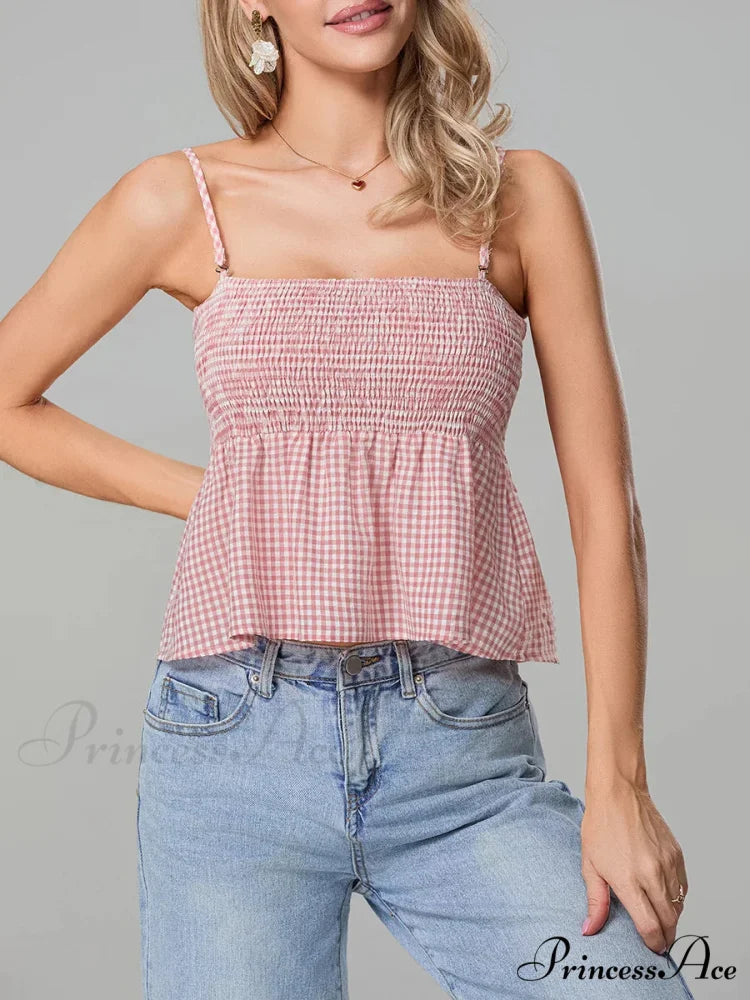 Checkered Shirred Open-Back Spaghetti Strap Frill Hem Crop Top croptop-250126