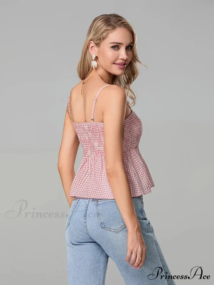 Checkered Shirred Open-Back Spaghetti Strap Frill Hem Crop Top croptop-250126