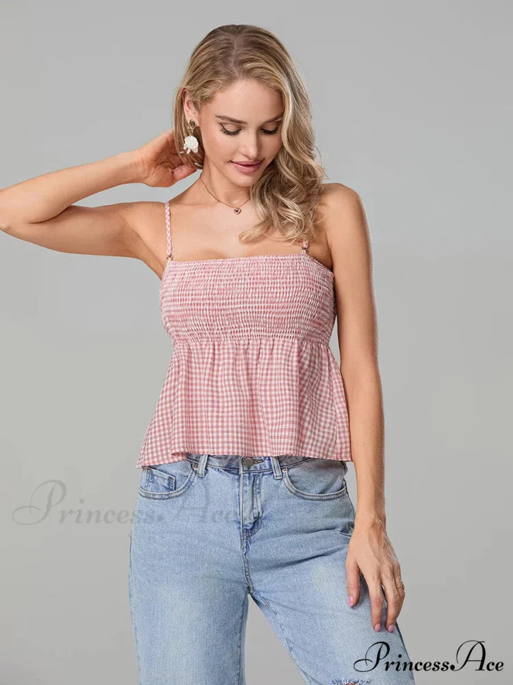 Checkered Shirred Open-Back Spaghetti Strap Frill Hem Crop Top croptop-250126