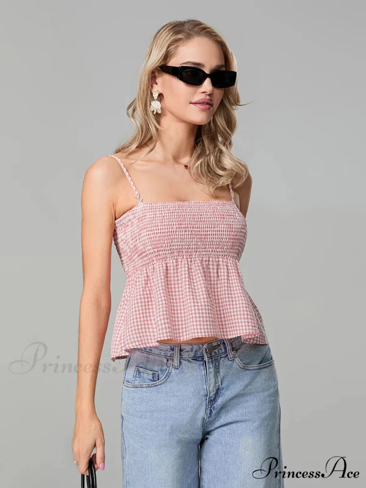 Checkered Shirred Open-Back Spaghetti Strap Frill Hem Crop Top croptop-250126