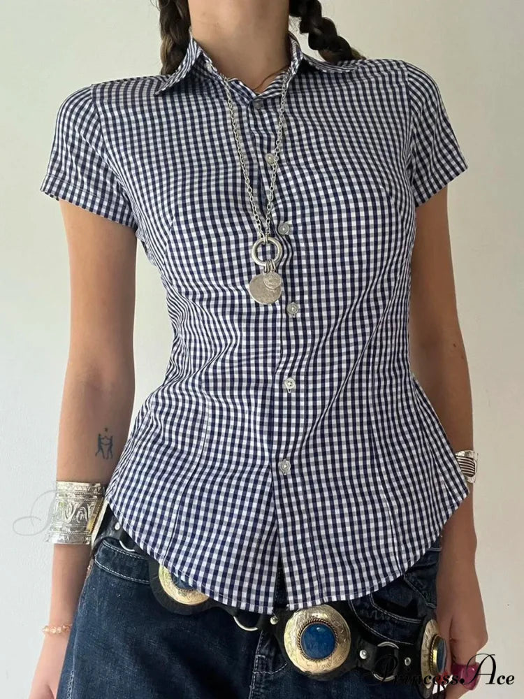 Checkered Sleek Buttoned Up Top blouse-250223
