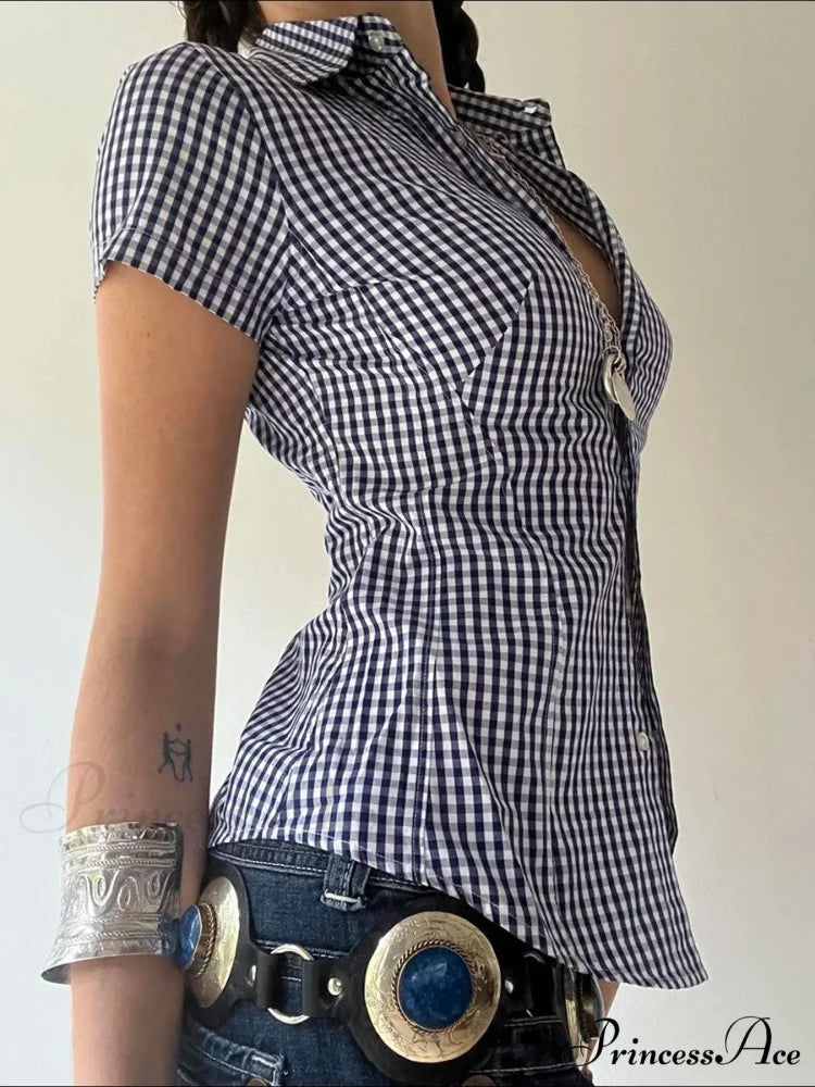 Checkered Sleek Buttoned Up Top Blue / S blouse-250223