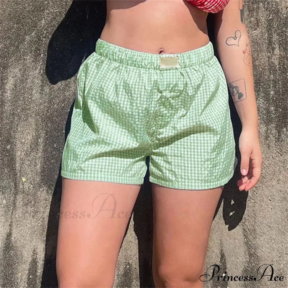 Checkered Sleepwear Stretchy Waist Brief Light Green / S short-250223