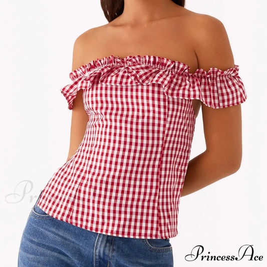 Checkered Square Neck Crop Top Red / S croptop-250223