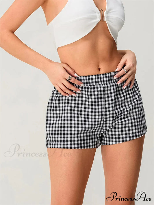 Checkered Stretchy Waist Relaxed Short short-250223