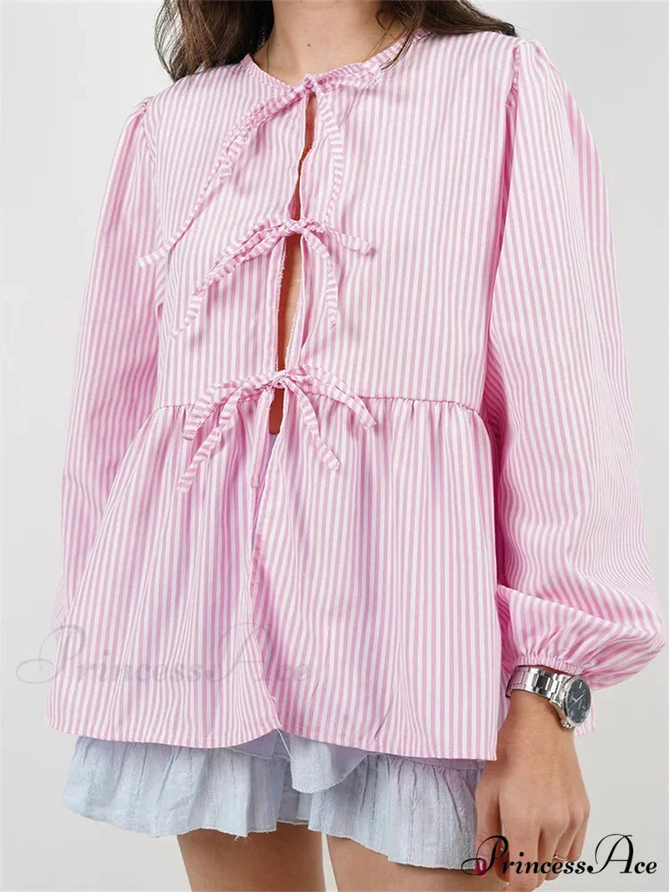 Checkered Stripe Front Fastened Long Sleeve Blouse blouse-250126