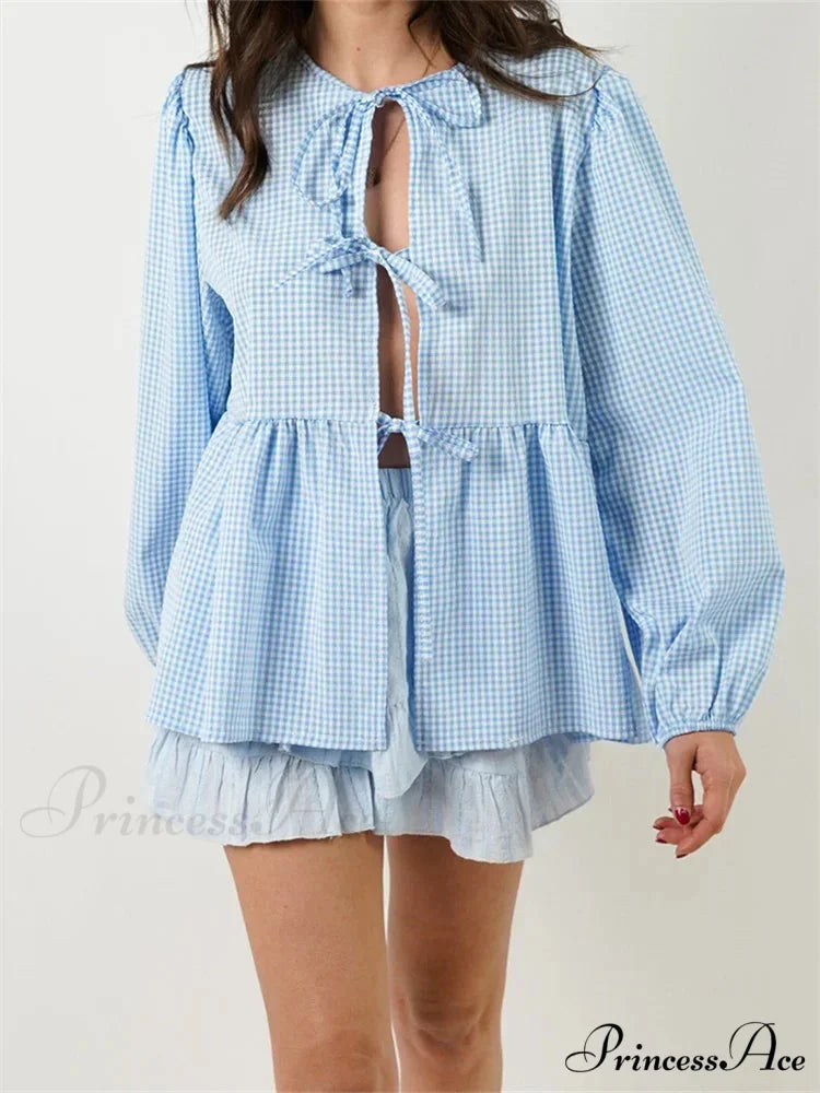 Checkered Stripe Front Fastened Long Sleeve Blouse blouse-250126
