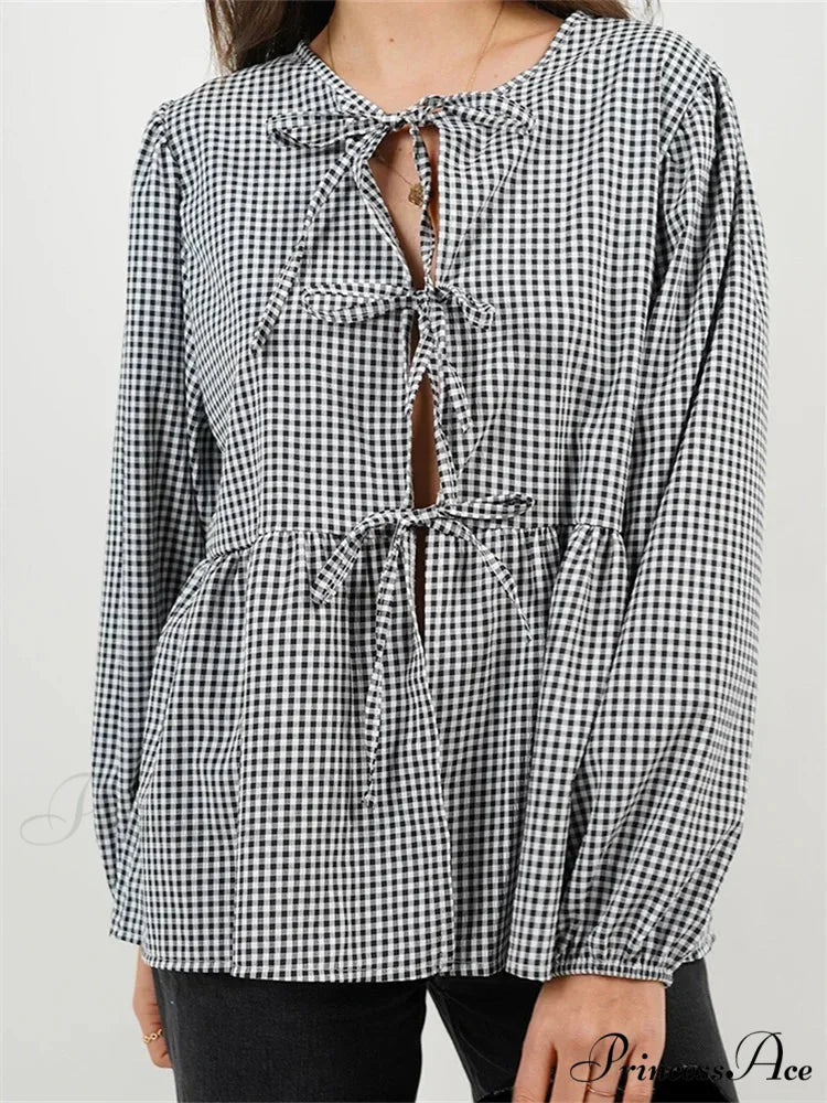Checkered Stripe Front Fastened Long Sleeve Blouse Black / S blouse-250126