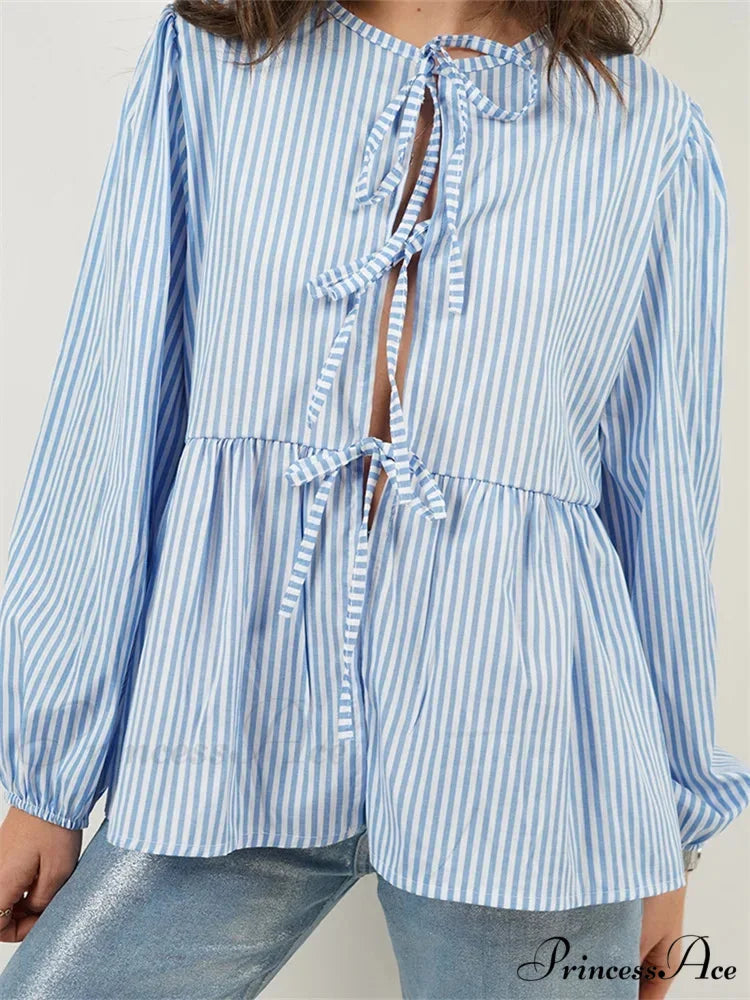 Checkered Stripe Front Fastened Long Sleeve Blouse Blue / S blouse-250126