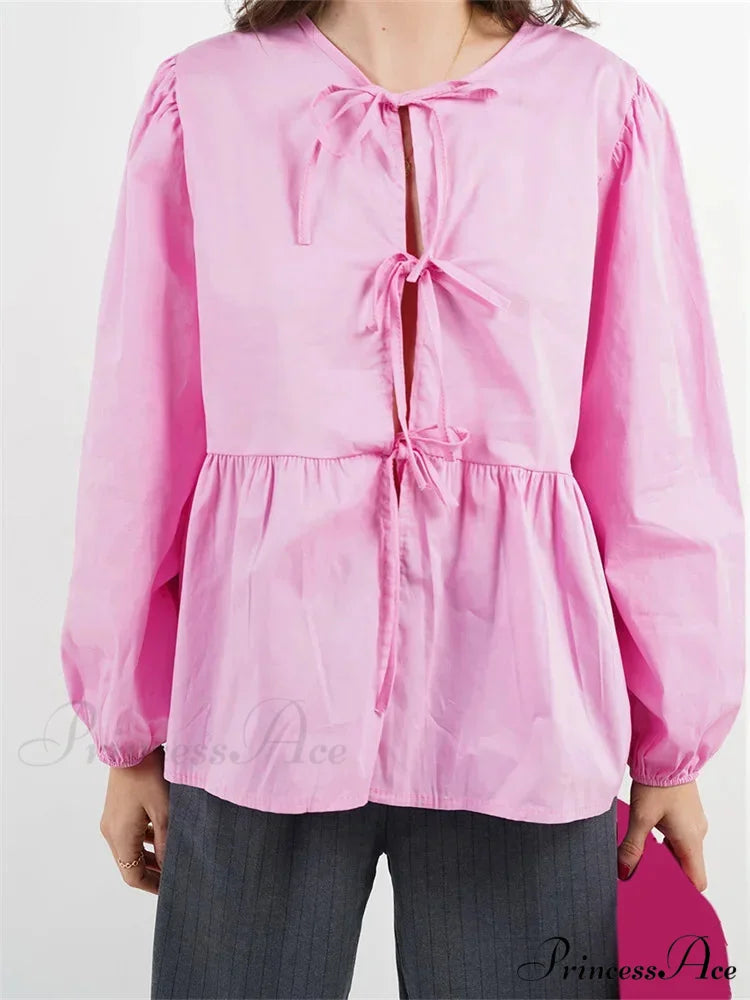 Checkered Stripe Front Fastened Long Sleeve Blouse Pink / S blouse-250126