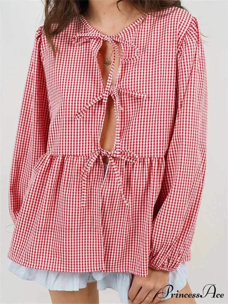 Checkered Stripe Front Fastened Long Sleeve Blouse Red / S blouse-250126