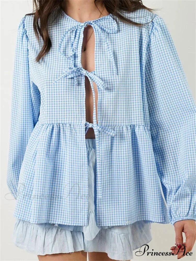 Checkered Stripe Front Fastened Long Sleeve Blouse SKY BLUE / S blouse-250126