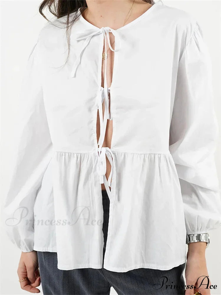 Checkered Stripe Front Fastened Long Sleeve Blouse WHITE / S blouse-250126