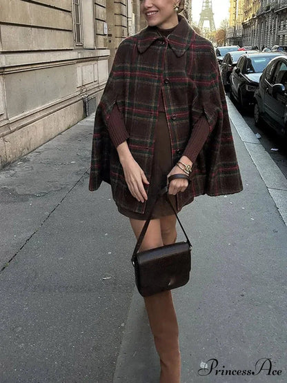 Checkered Stripe Wool Blends Cape Coat coats-241228