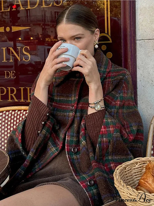 Checkered Stripe Wool Blends Cape Coat coats-241228