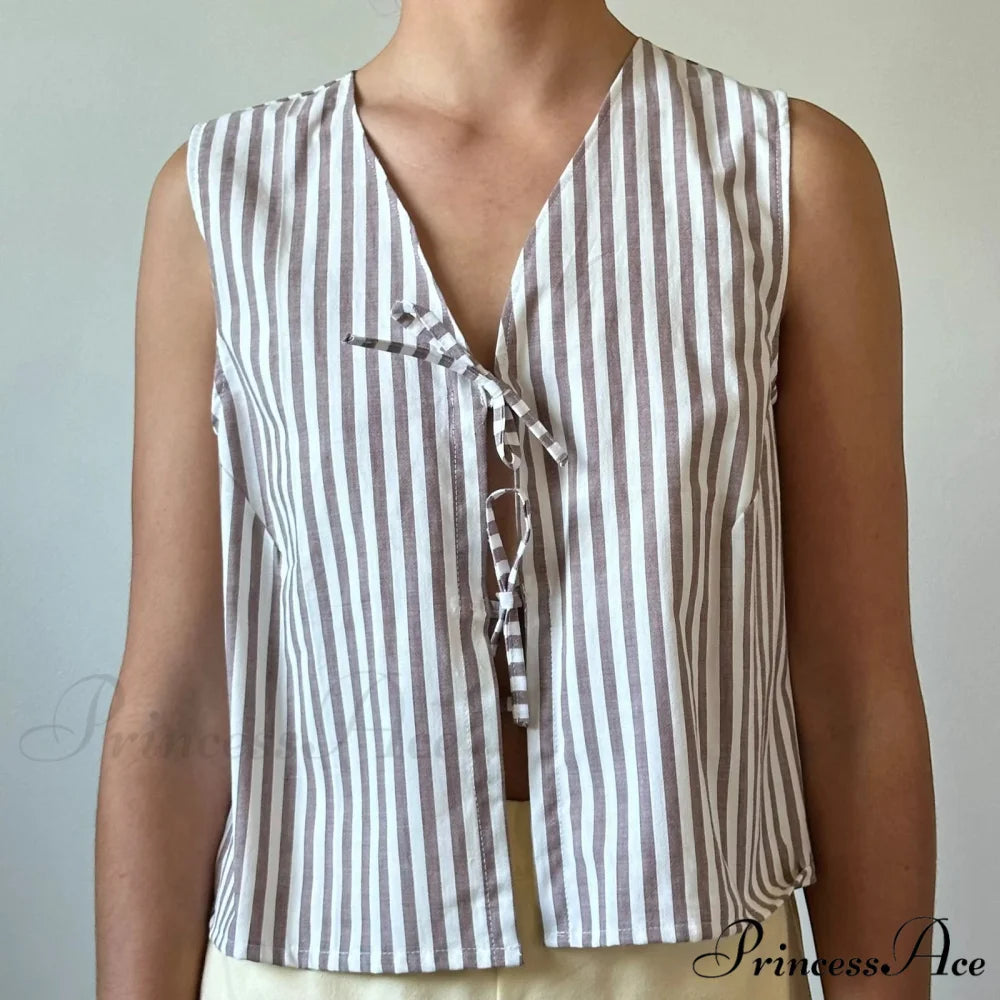 Checkered Tie Front Crop Top Light Brown / S croptop-250223